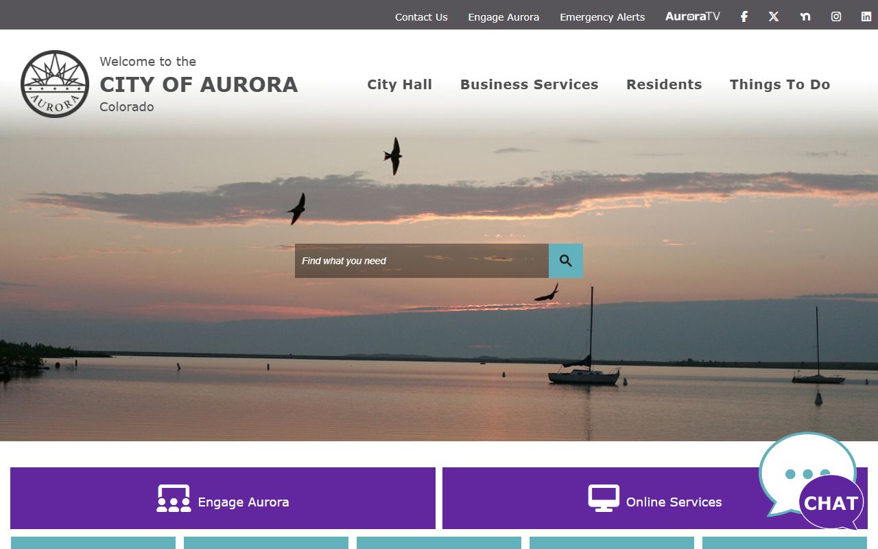 Aurora city homepage showing police department access