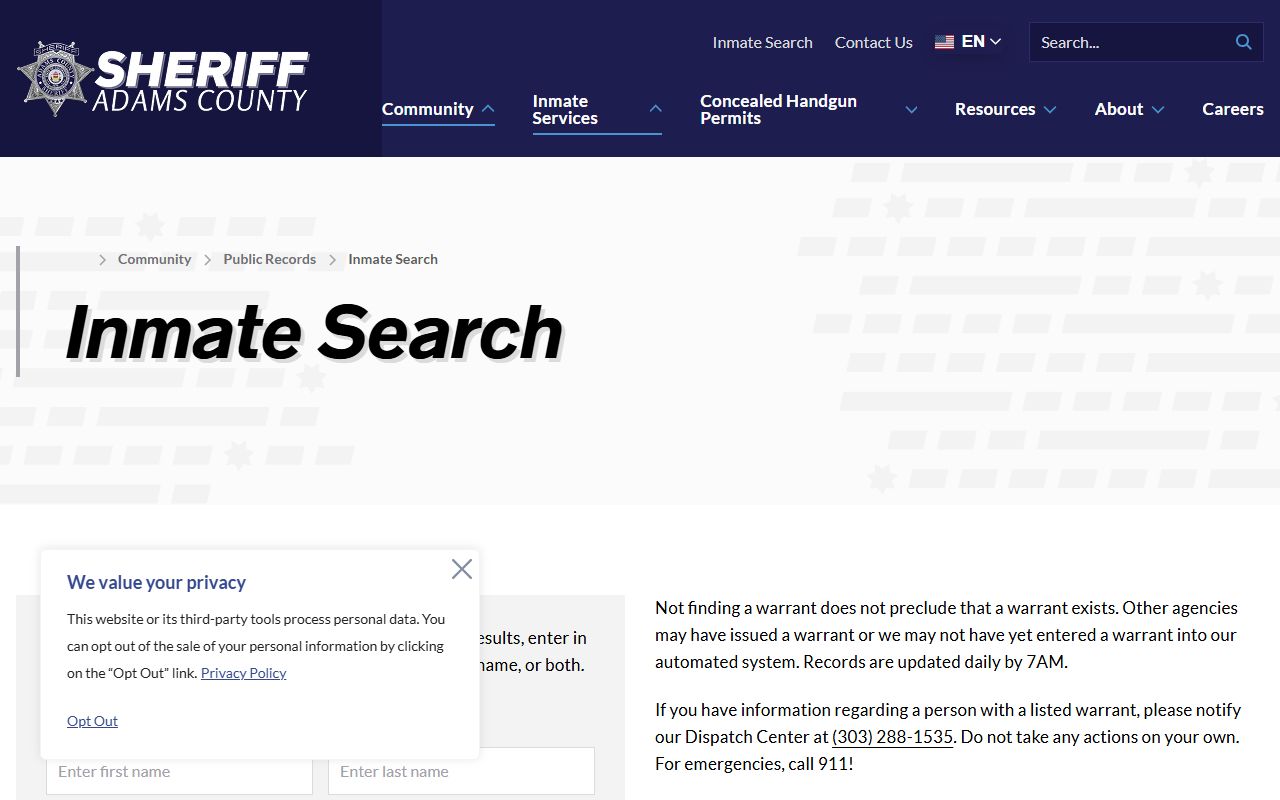 Adams County inmate search tool interface