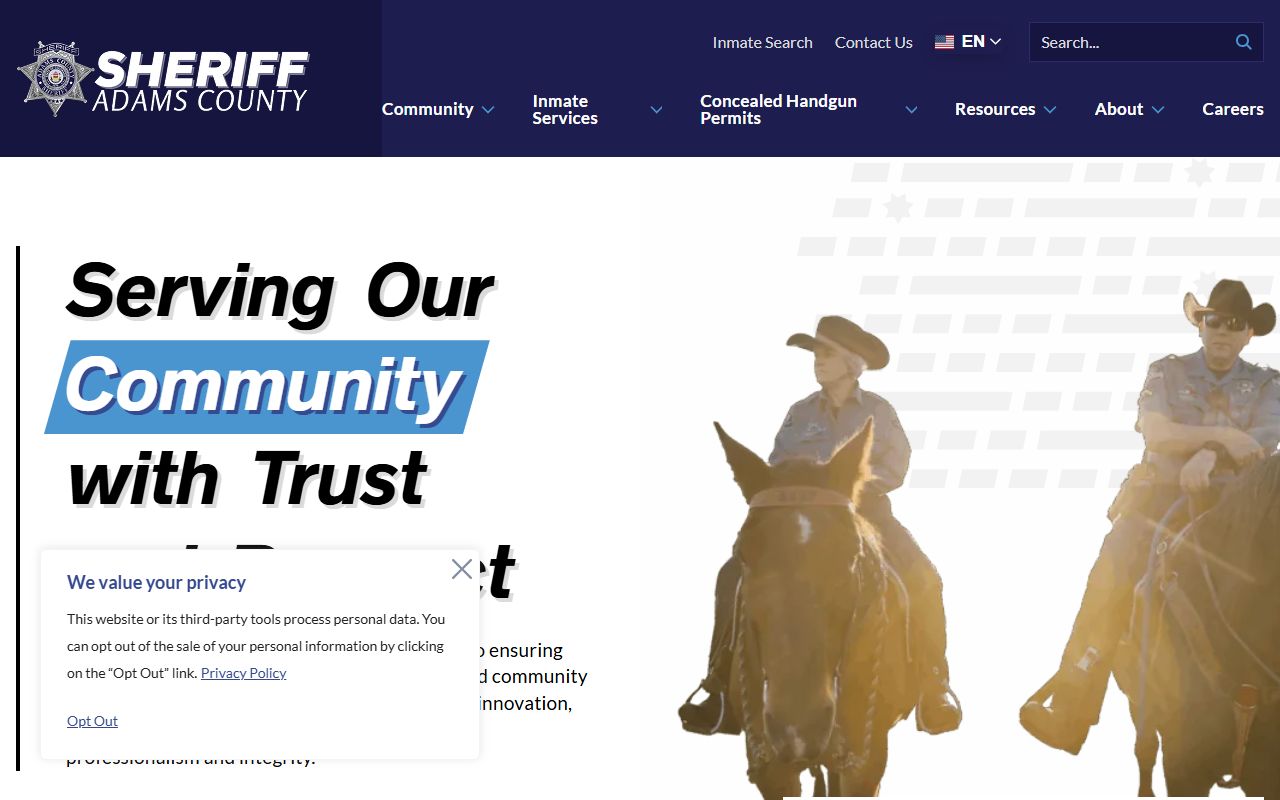 Adams County Sheriff's Office homepage showing public records access