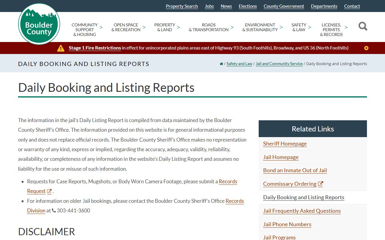 Boulder County daily booking reports search interface