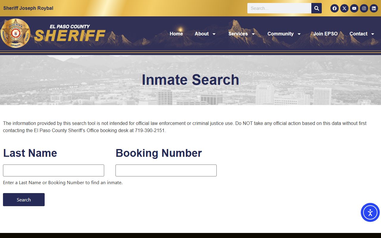 El Paso County inmate search tool showing search interface