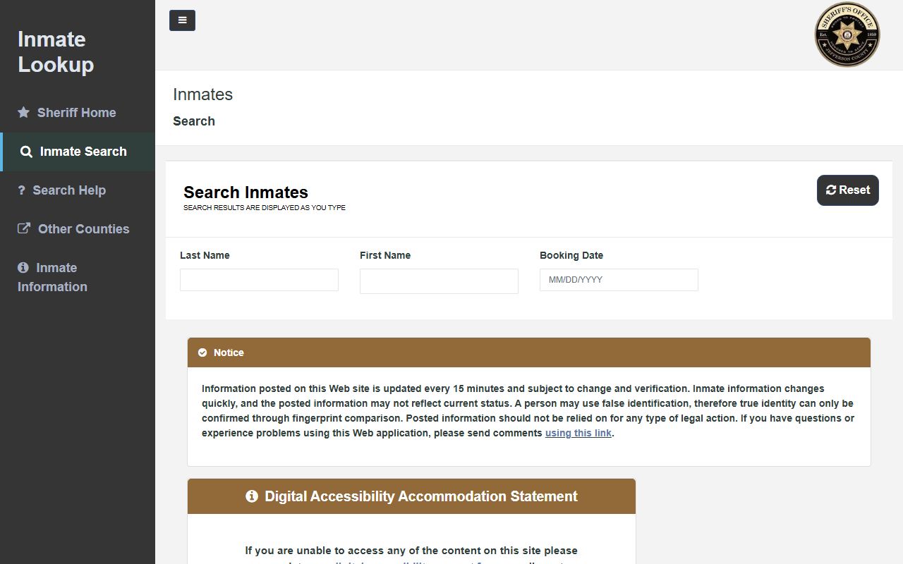 Jefferson County inmate search portal interface