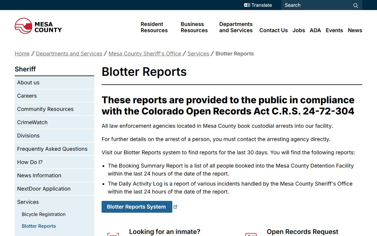 Mesa County blotter reports portal showing booking summaries