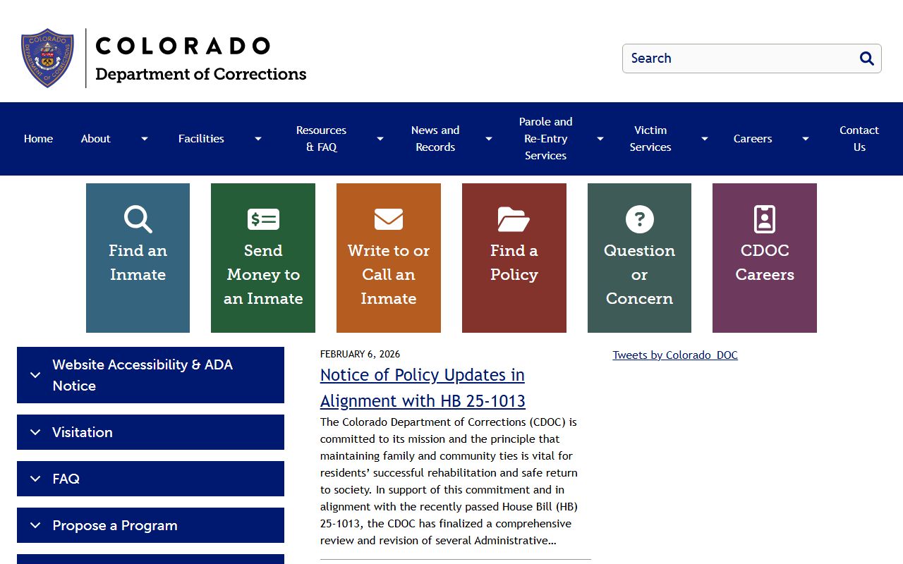 Colorado Department of Corrections homepage showing inmate search options